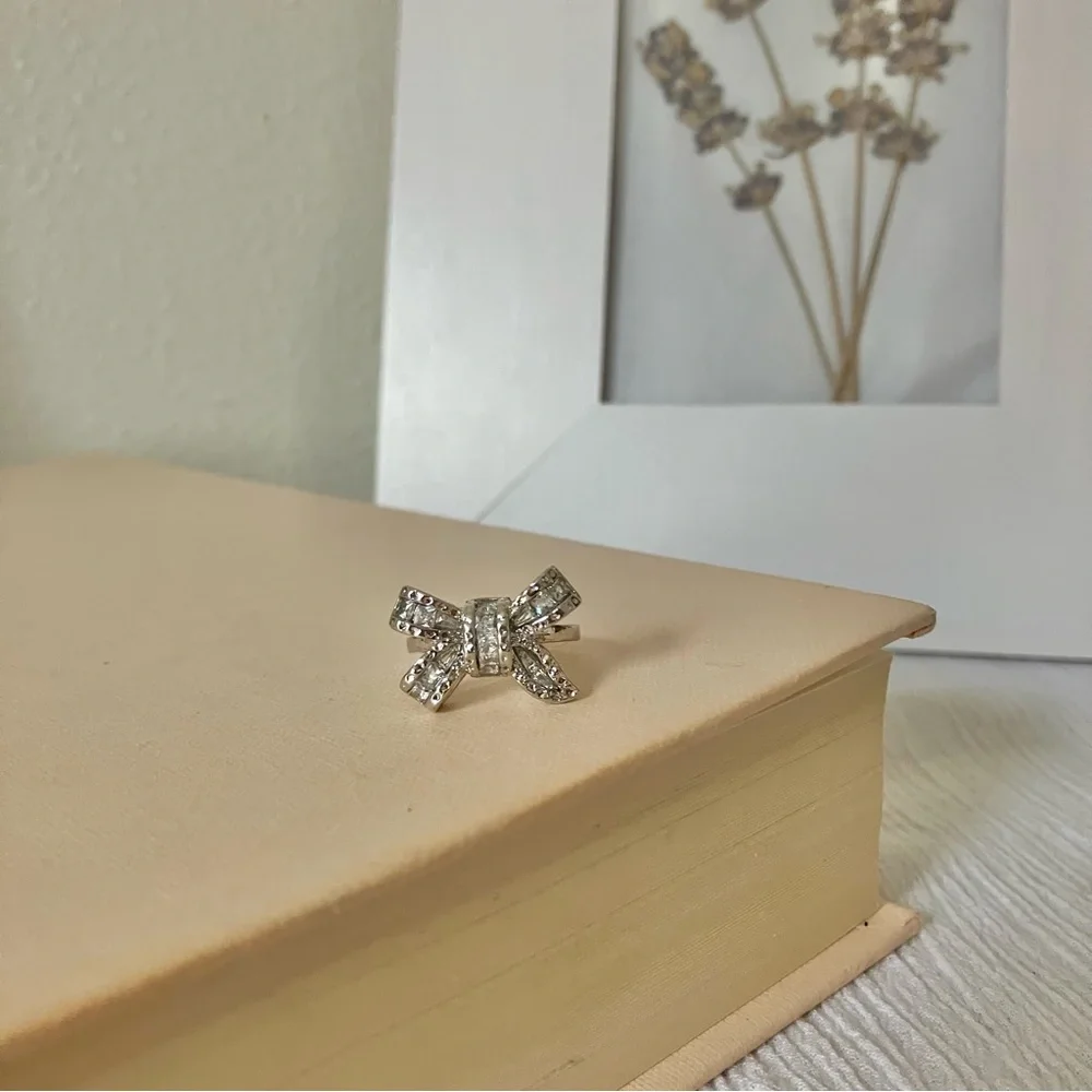 Silver Rhinestone Bow Glam Ring Girlhoodcore Coquette Femme Platinum Sparkly - Picture 5 of 12